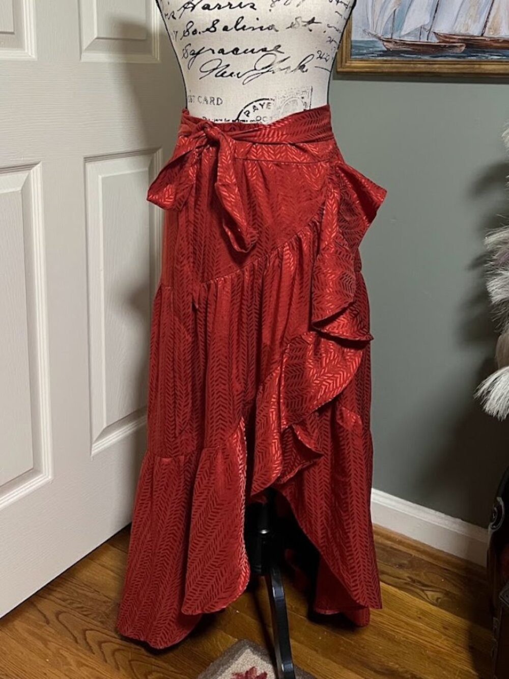 Express SZ M Burnt Orange Ruffle Maxi Skirt 70s Boho Romantic Fall